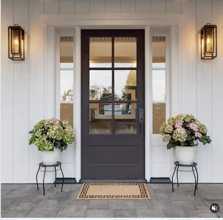 Elegant front door with glass panes, flanked by planters with hydrangeas, and warm outdoor lighting.