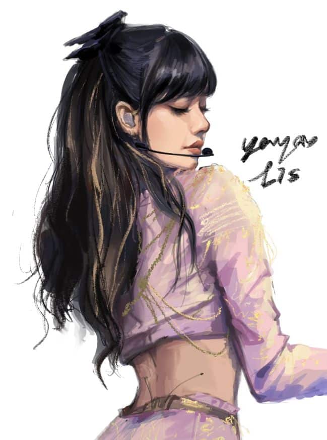 Digital art of a female performer with long hair, microphone, and a lilac outfit, captured in a dynamic pose.