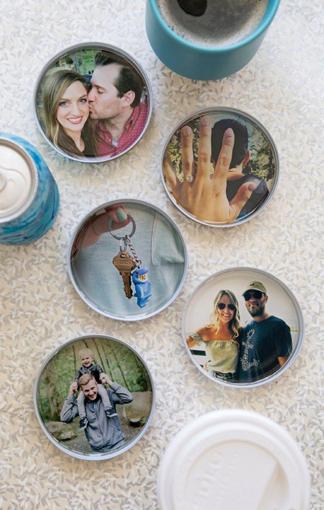 Personalized photo coasters with memorable family and couple moments, next to coffee cups on a patterned surface.