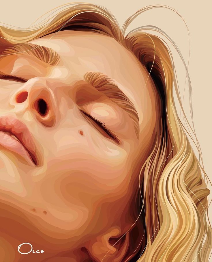 Illustrated portrait of a woman with closed eyes and flowing blonde hair, basking in soft light.