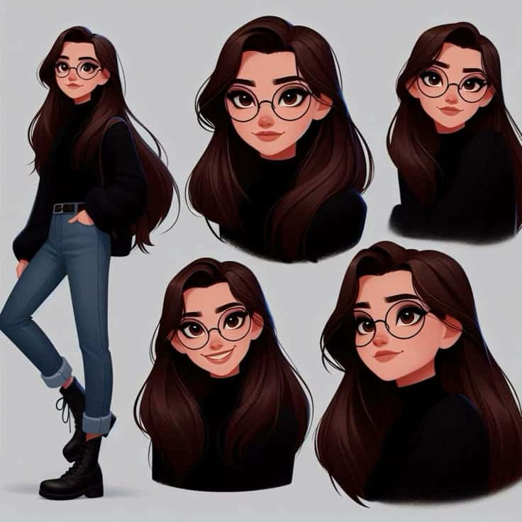 Animated character with glasses, black sweater, jeans, and boots in various poses and expressions.