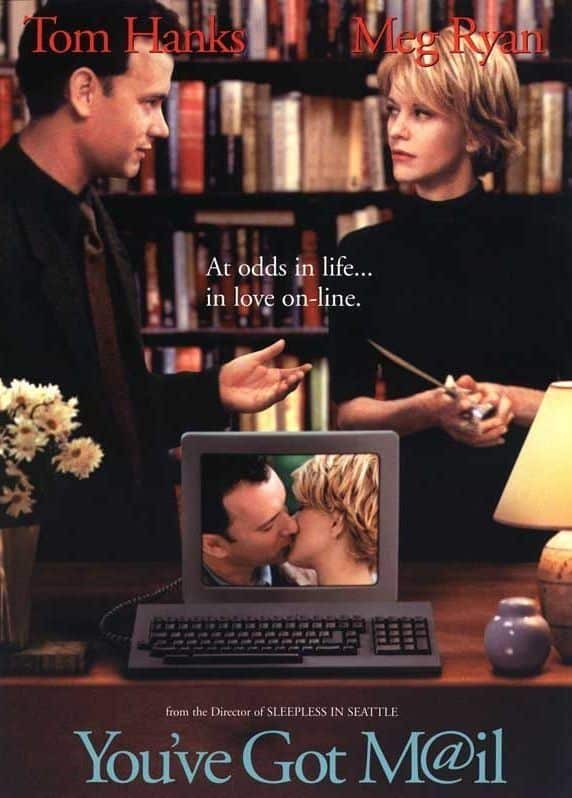 Movie poster for You've Got Mail with a couple in a romantic setting, slogan about online love.