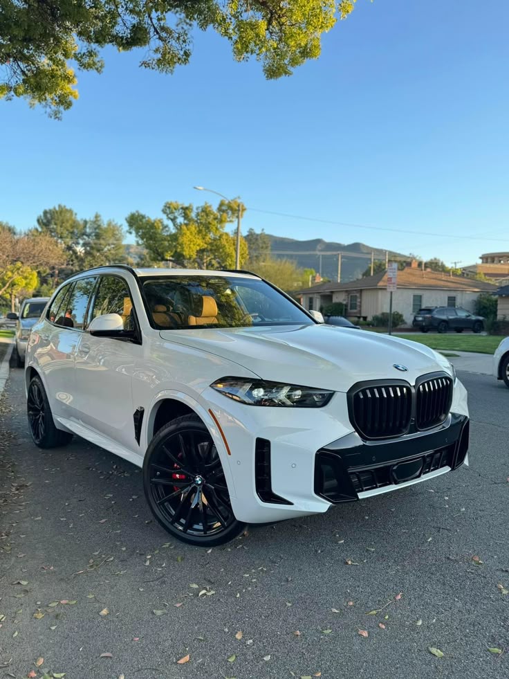 White BMW SUV parked on a sunny suburban street with trees and mountains in the background.