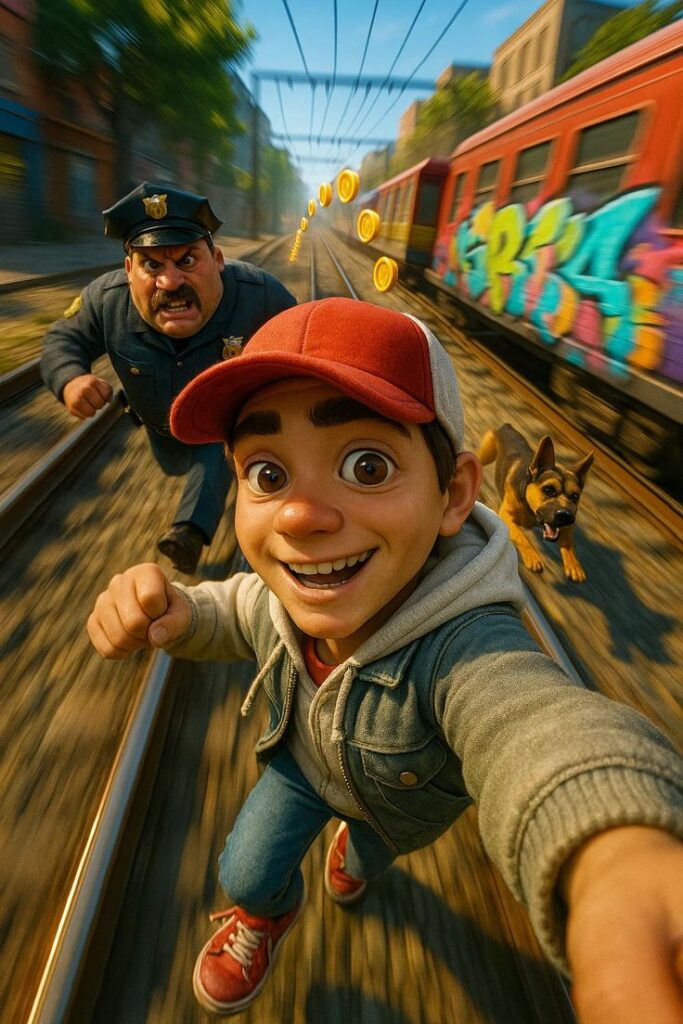 Animated boy running on train tracks, pursued by a policeman and dog, with coins in the air, graffiti on train.