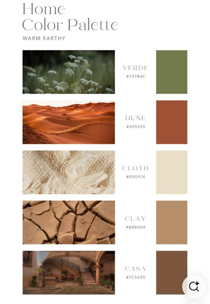 Warm earthy home color palette featuring verde, dune, cloth, clay, and casa shades with sample images and hex codes.