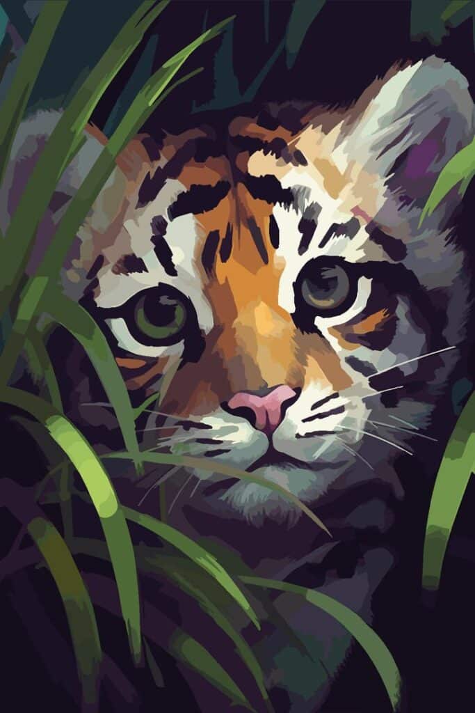 Illustrated tiger cub peeking through green jungle foliage, capturing its curious eyes and vibrant fur pattern.