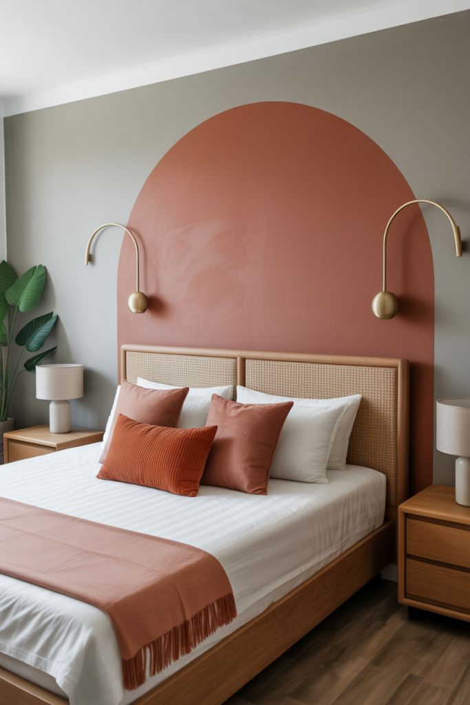 Modern bedroom with a cozy bed, rust-colored accents, and stylish lighting, perfect for a relaxing atmosphere.