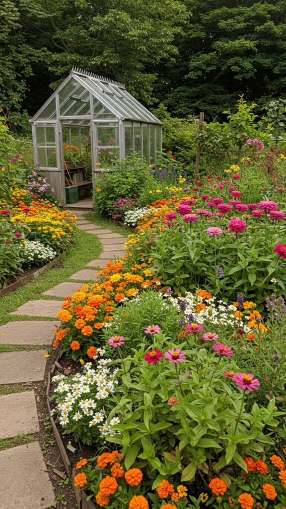 effdeesea✨ Lush garden path leads to a greenhouse framed by vibrant flowers under a canopy of green trees. | Sky Rye Design Lush garden path leads to a greenhouse framed by vibrant flowers under a canopy of green trees.