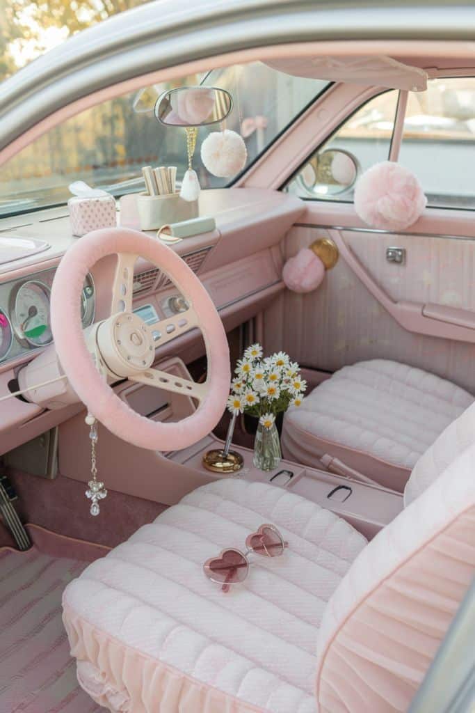 Vintage pink car interior with fluffy decor, daisies, and heart sunglasses on the seat. Cozy and stylish automotive design.
