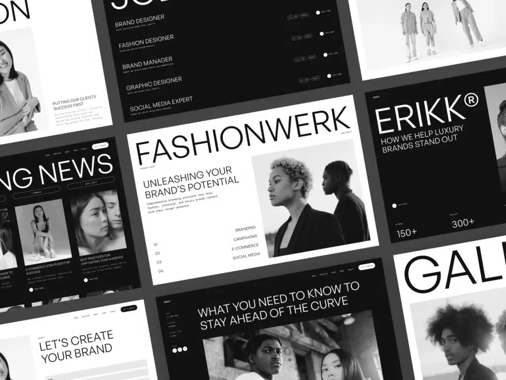 Collage of branding agency services for fashion and luxury brands, featuring diverse team and design insights.