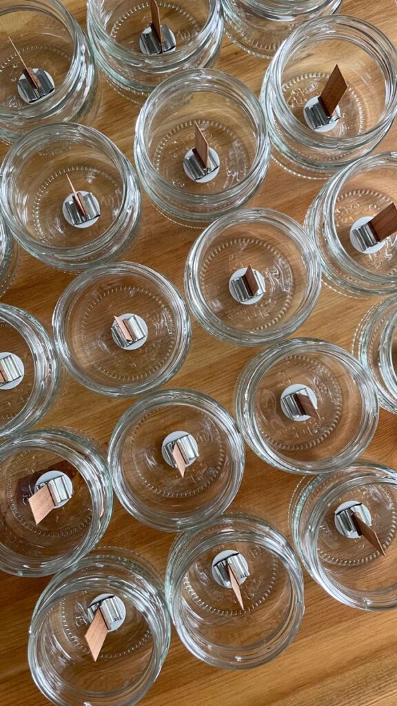 Empty glass jars with wooden wicks on a wooden surface, perfect for homemade candle making projects.