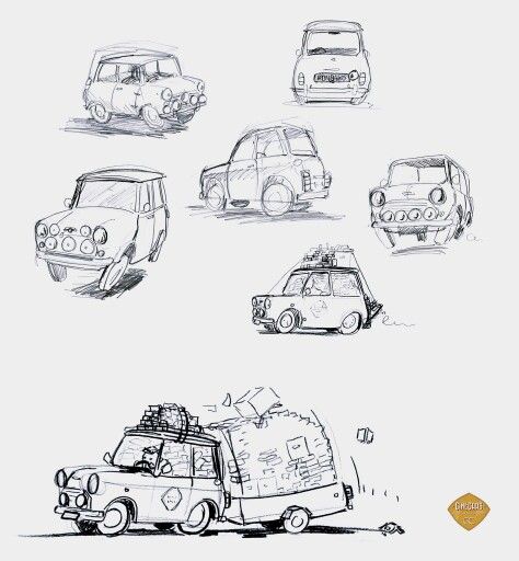 Hand-drawn sketches of vintage cars in various angles and styles, loaded car at bottom with cargo on top.