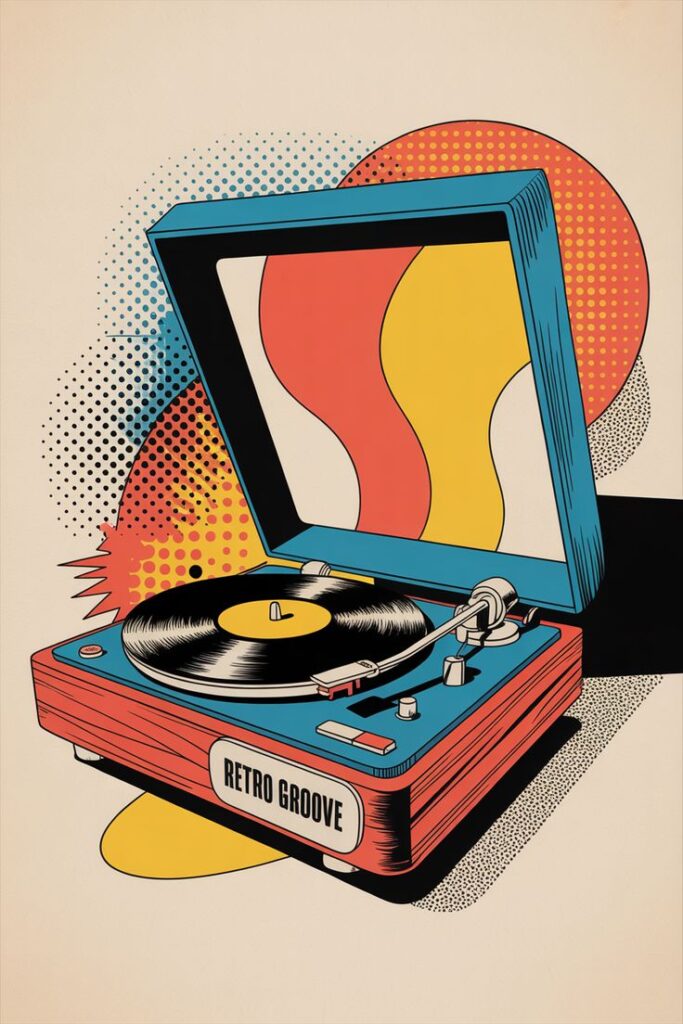 Pop art style vintage turntable with vibrant colors and Retro Groove text, evoking nostalgic music vibes.