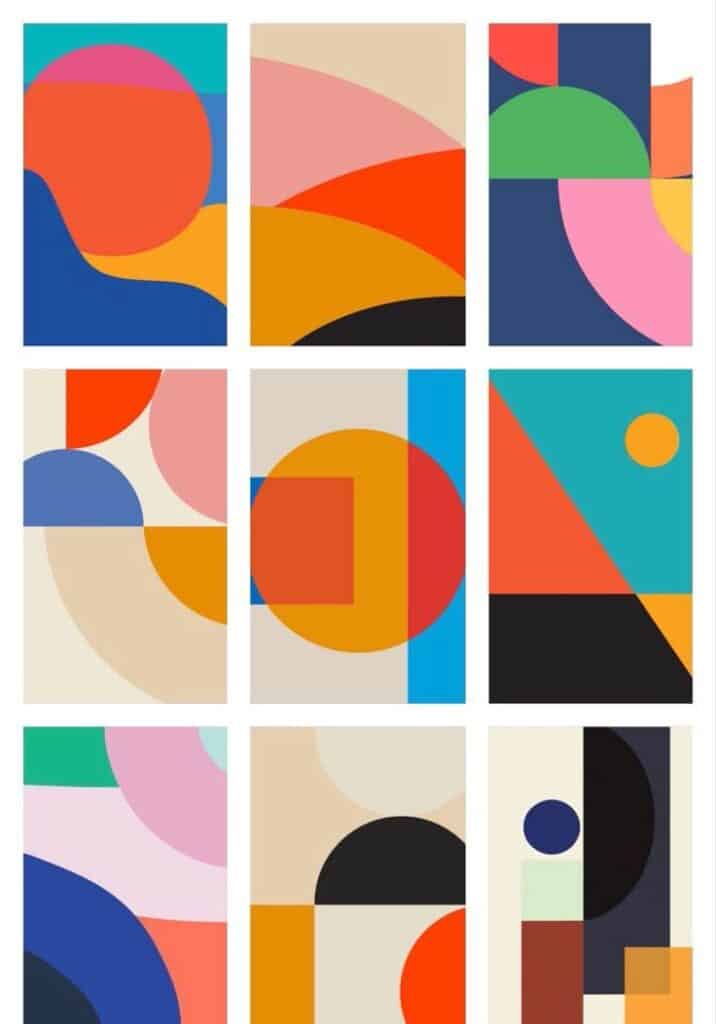 Colorful geometric abstract art with circles, squares, and bold shapes in a vibrant nine-panel artwork.