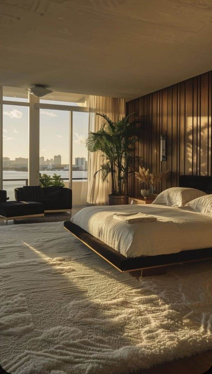 Screenshot Modern bedroom with wood paneling, large windows, and river view. Cozy decor with indoor plants and soft lighting. | Sky Rye Design Modern bedroom with wood paneling, large windows, and river view. Cozy decor with indoor plants and soft lighting.