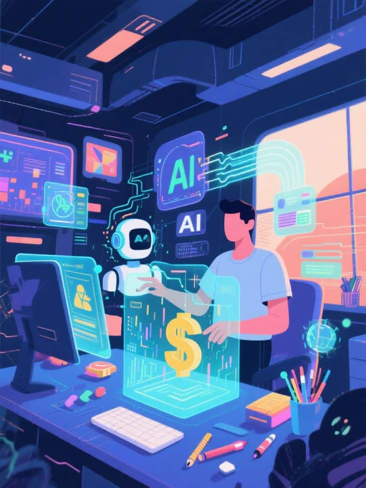 Person working with AI robot in futuristic office, digital screens, and holographic dollar sign display.