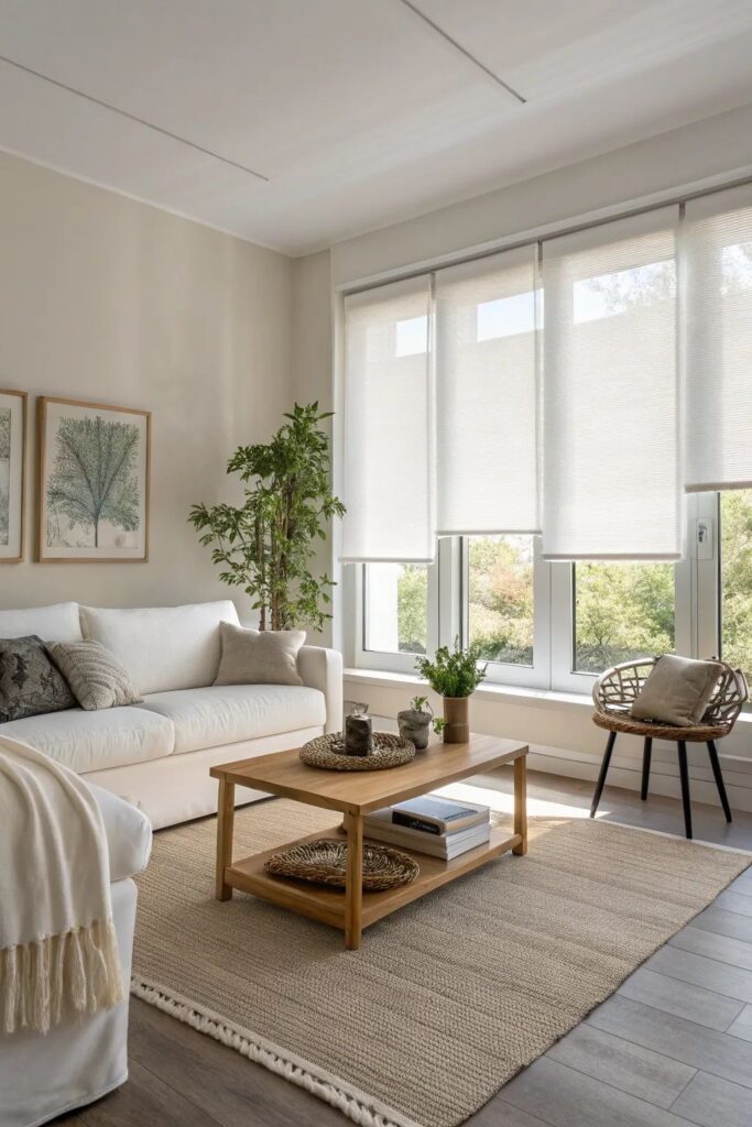 Minimalist living room with white sofa, wooden table, indoor plants, and large windows with soft natural light.