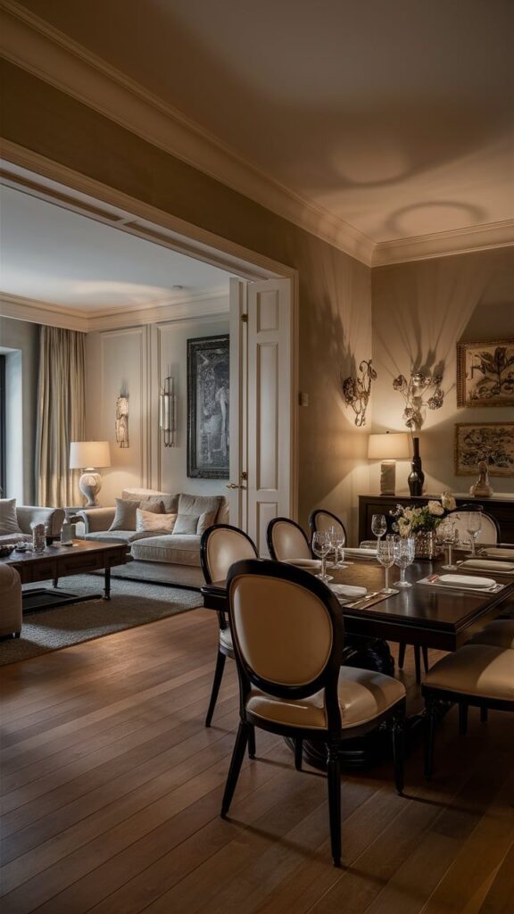 Elegant dining and living area with sophisticated lighting, stylish furniture, and art decor on walls.