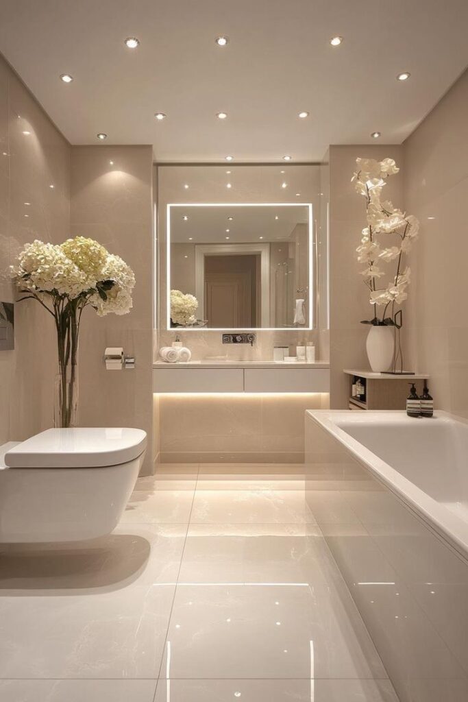 Luxurious modern bathroom with elegant lighting, large mirror, and fresh floral decor.