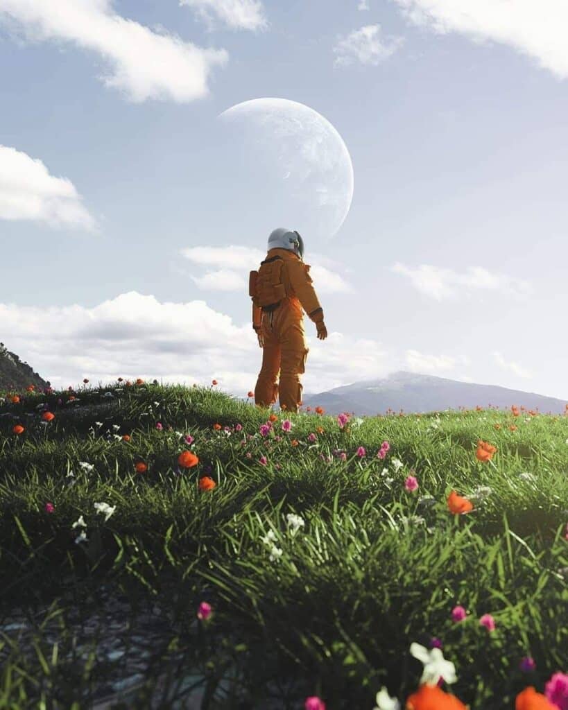 Astronaut exploring a flower-covered hill under a cloudy sky with a large planet visible in the background.