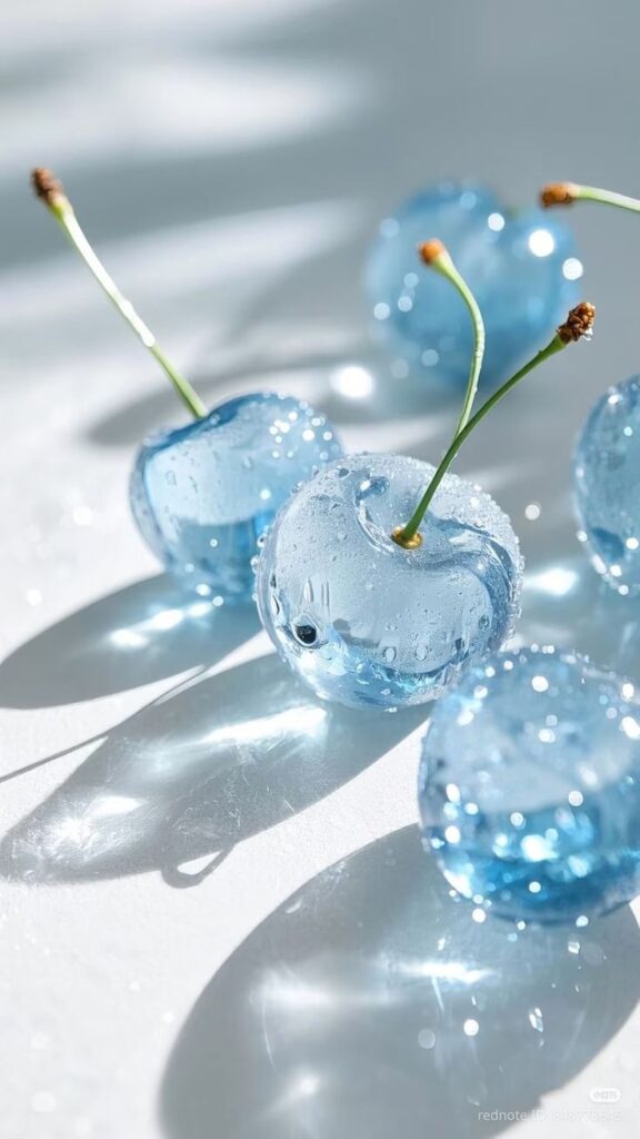 Shiny blue glass cherries with green stems on a reflective surface, capturing light beautifully.