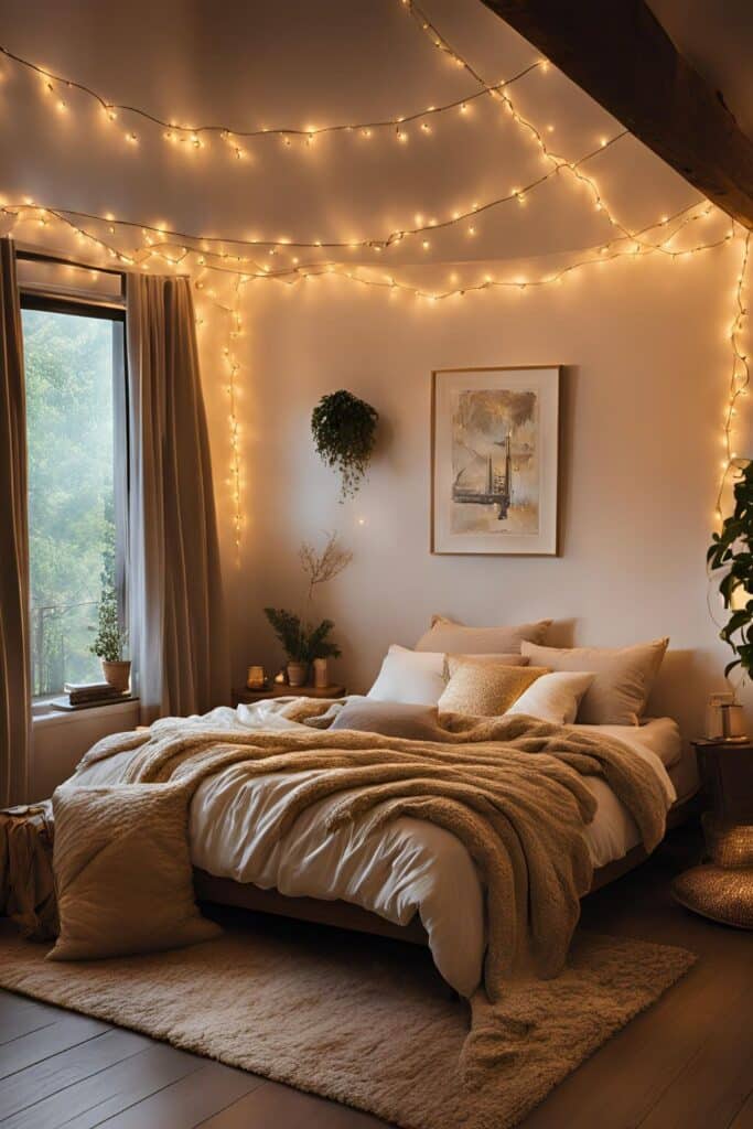 Cozy bedroom with warm fairy lights, plush bedding, and plants for a relaxing, inviting atmosphere.