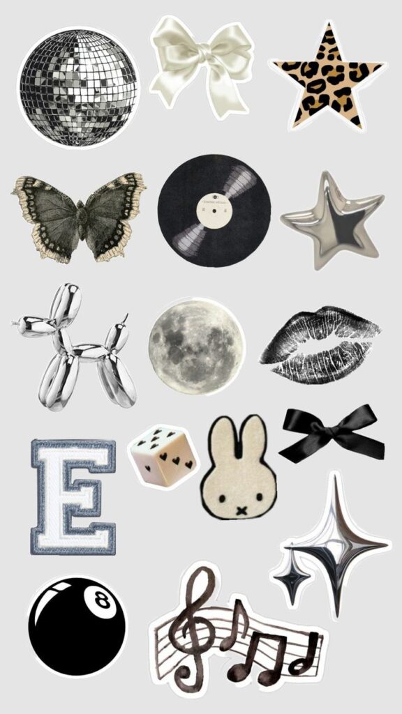 Various graphic elements: disco ball, ribbon, stars, butterfly, vinyl, and musical notes on a grey background.