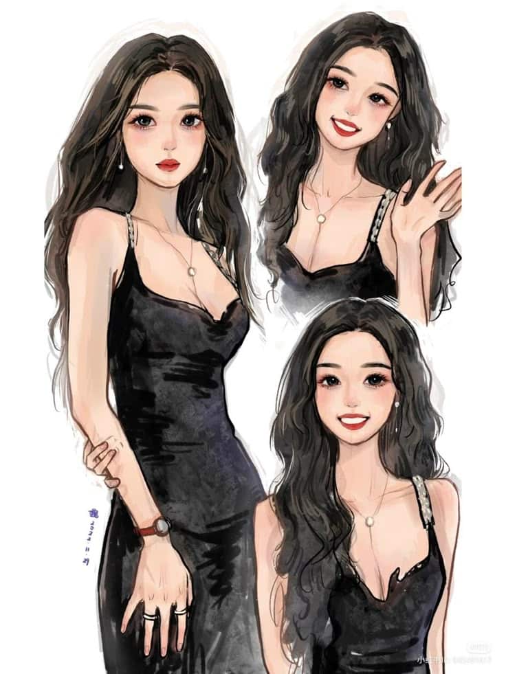 Illustration of a smiling woman in a black dress, showcasing different poses with long wavy hair and accessories.