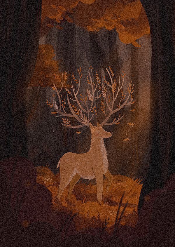 Majestic deer with tree-like antlers in a mystical forest, surrounded by warm autumn colors and dappled light.