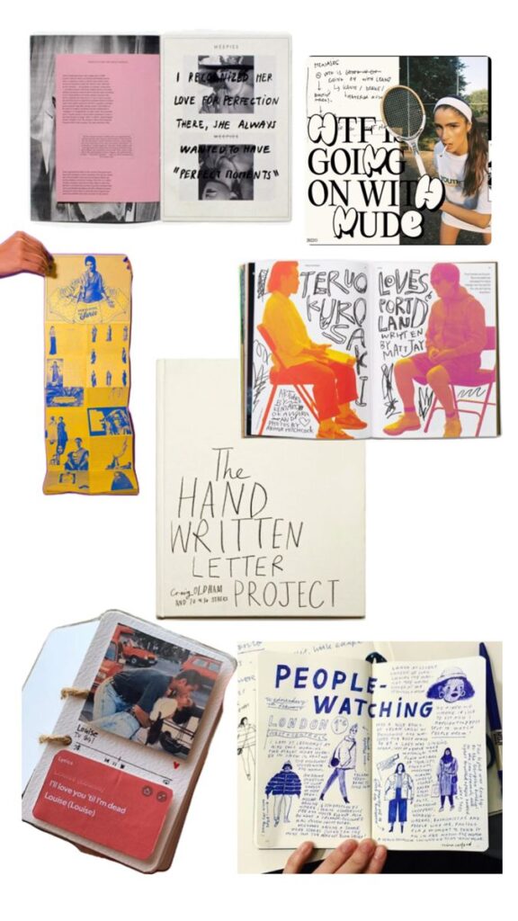 Collage of open artistic journals with handwritten notes, illustrations, and a book titled The Hand Written Letter Project.