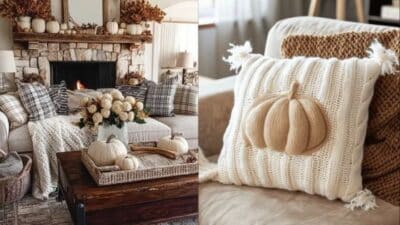 Cozy fall living room decor with plaid pillows, knitted pumpkin pillow, and rustic accents by the fireplace.