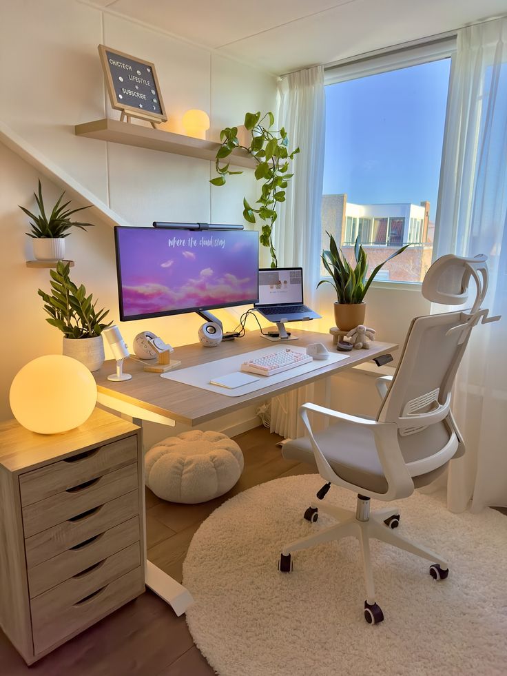 Modern home office with ergonomic chair, dual monitors, plants, and natural light for a productive workspace.