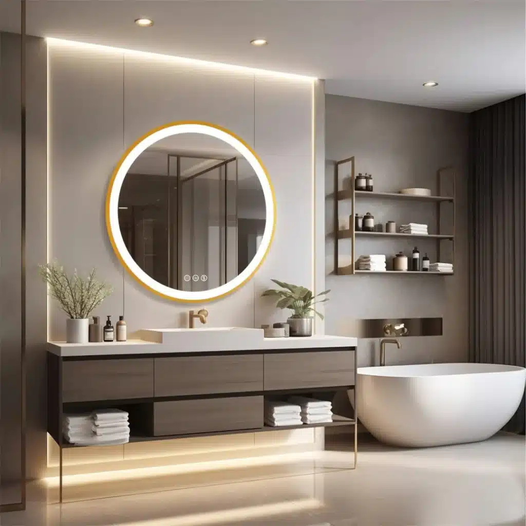 fdca5060-7f1c-4235-a59c-bcd27c0fadd1 Modern bathroom with illuminated round mirror, elegant vanity, and freestanding tub for a luxurious design setup. | Sky Rye Design Modern bathroom with illuminated round mirror, elegant vanity, and freestanding tub for a luxurious design setup.