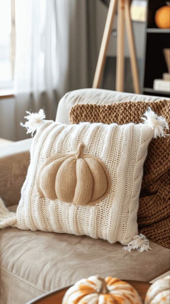 Cozy fall-themed knitted pillow with pumpkin design on a beige sofa in a modern living room.
