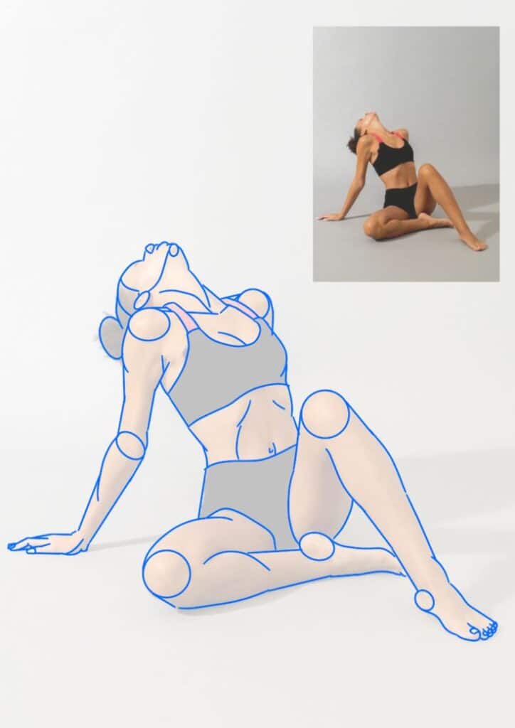 Illustrated pose reference of a seated yoga stretch with model in black athletic wear in the background.