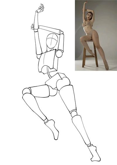 Line art figure mimicking a dancer's pose on a chair, highlighting movement and anatomy for artistic reference.