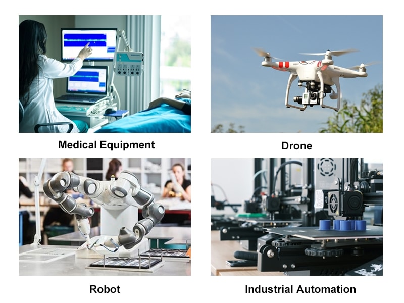 Collage of medical equipment, drone, robotic arm, and industrial automation machinery.