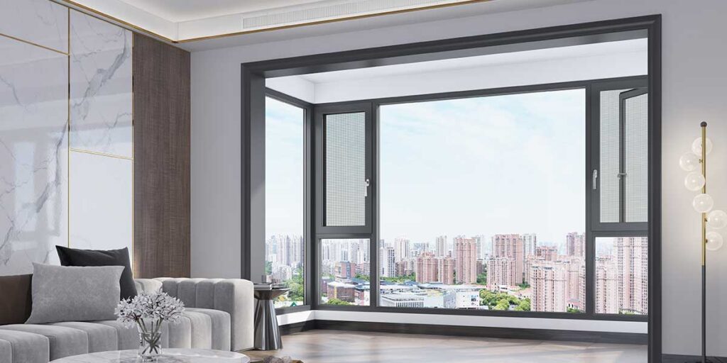 gauze-window-integrated-outward-opening-window-nc19048-1-1 Modern apartment interior with large window offering city skyline view; stylish gray sofa and marble accents. | Sky Rye Design Modern apartment interior with large window offering city skyline view; stylish gray sofa and marble accents.
