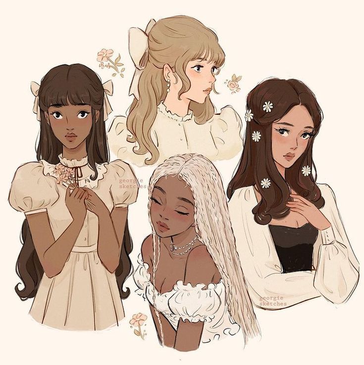 Illustration of four women in vintage-style dresses with floral details and various hairstyles.