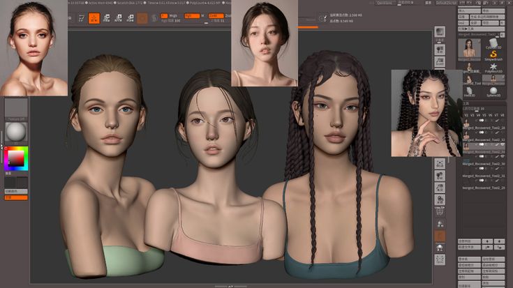 3D character modeling and reference photos displayed in a digital sculpting software interface.