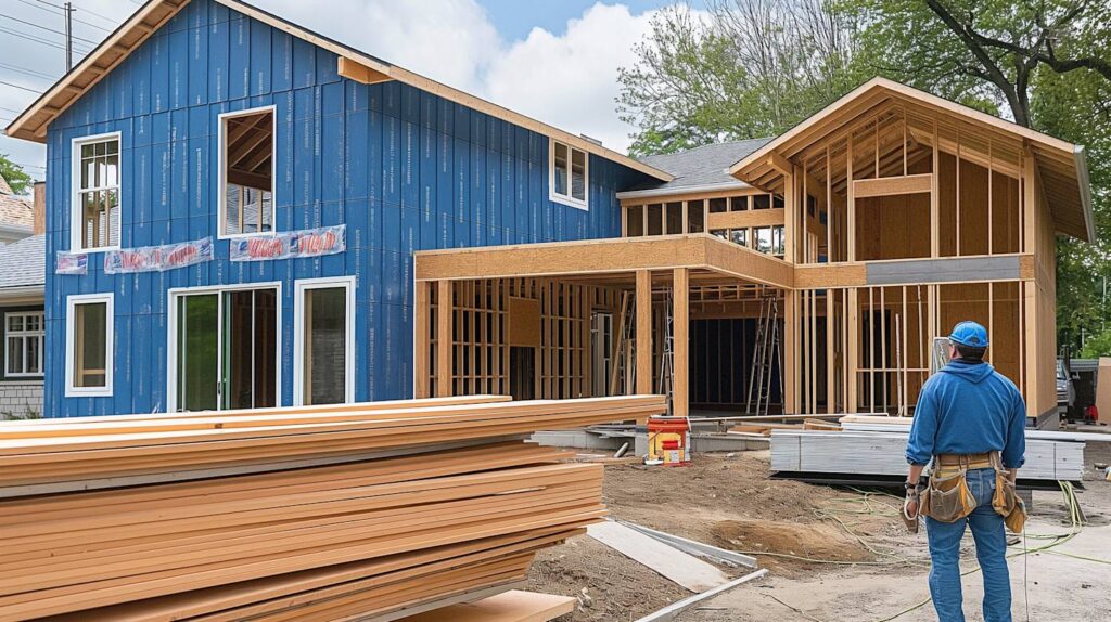 home_additions_architect Construction worker observing a partially built house with blue siding and wooden framing. | Sky Rye Design Construction worker observing a partially built house with blue siding and wooden framing.