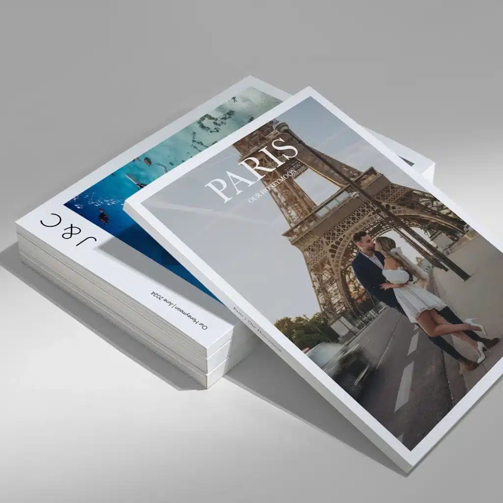 Stack of magazines featuring a couple embracing near the Eiffel Tower in Paris.