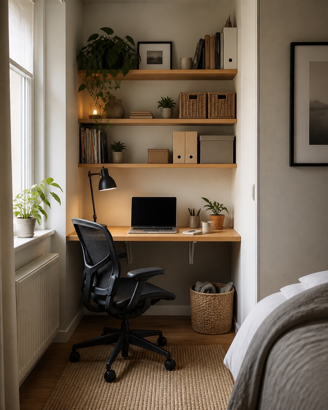 Cozy small home office nook with wooden shelves, laptop on minimalist desk, ergonomic chair and potted plants
