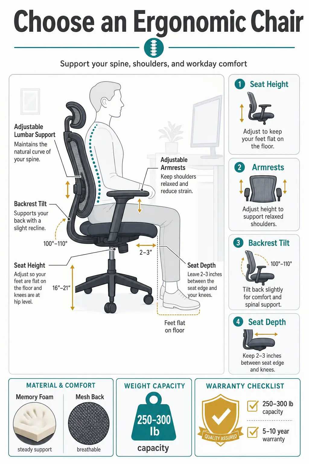 Ergonomic office chair infographic: adjustable lumbar support, armrests, seat height, backrest tilt, seat depth