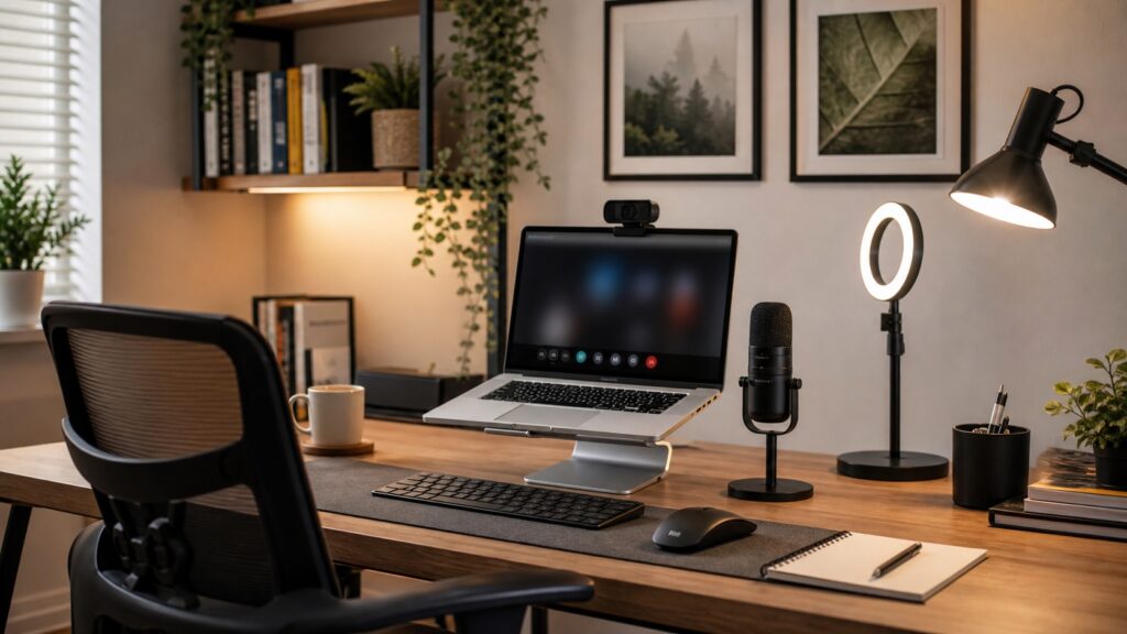 Home office setup for remote work: laptop on stand with webcam, microphone, ring light, keyboard, mouse and notebook