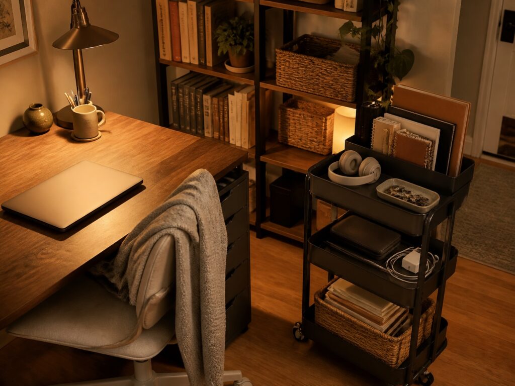 Home office workspace with warm lighting, wooden desk, closed laptop, lamp, bookshelf and rolling storage cart