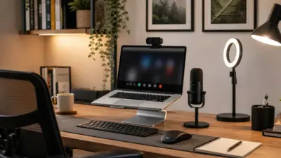Remote work home office setup with laptop on stand, webcam, mic, ring light, wireless keyboard and mouse, notebook and lamp