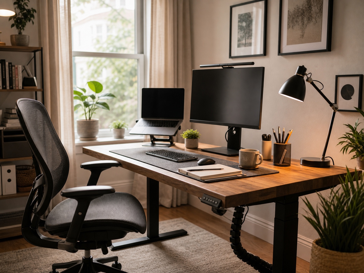 Ergonomic remote work home office setup with adjustable standing desk, monitor, laptop, mesh chair, plants