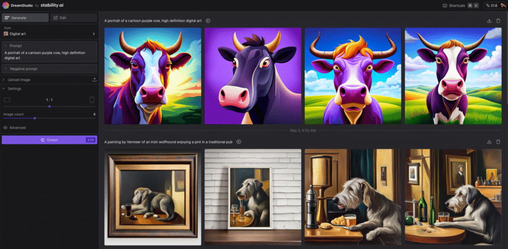 Cartoon purple cow portraits and a painting of an Irish wolfhound enjoying a pint in a traditional setting.