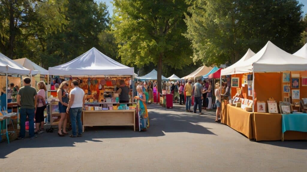 image Outdoor market with colorful vendor tents and people browsing handmade crafts under a clear sky and green trees. | Sky Rye Design Outdoor market with colorful vendor tents and people browsing handmade crafts under a clear sky and green trees.